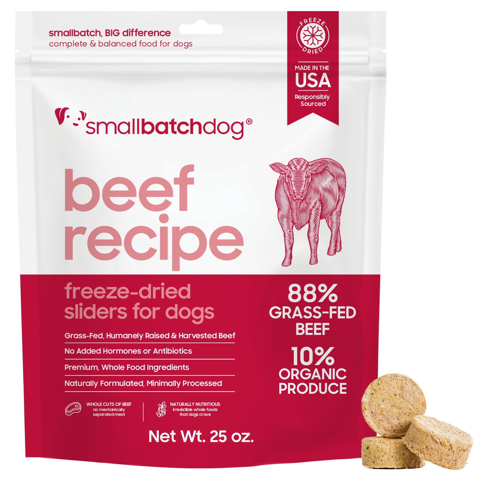 smallbatch Pets alimento crudo congelado ternera 25 oz, proteína alta para perros.