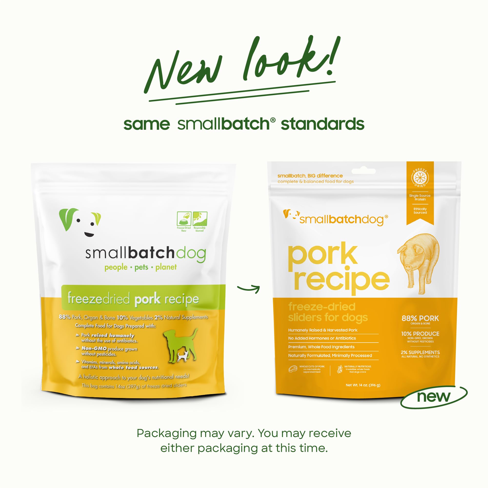 Smallbatch Pets comida rehidratada de cerdo, lista para servir.