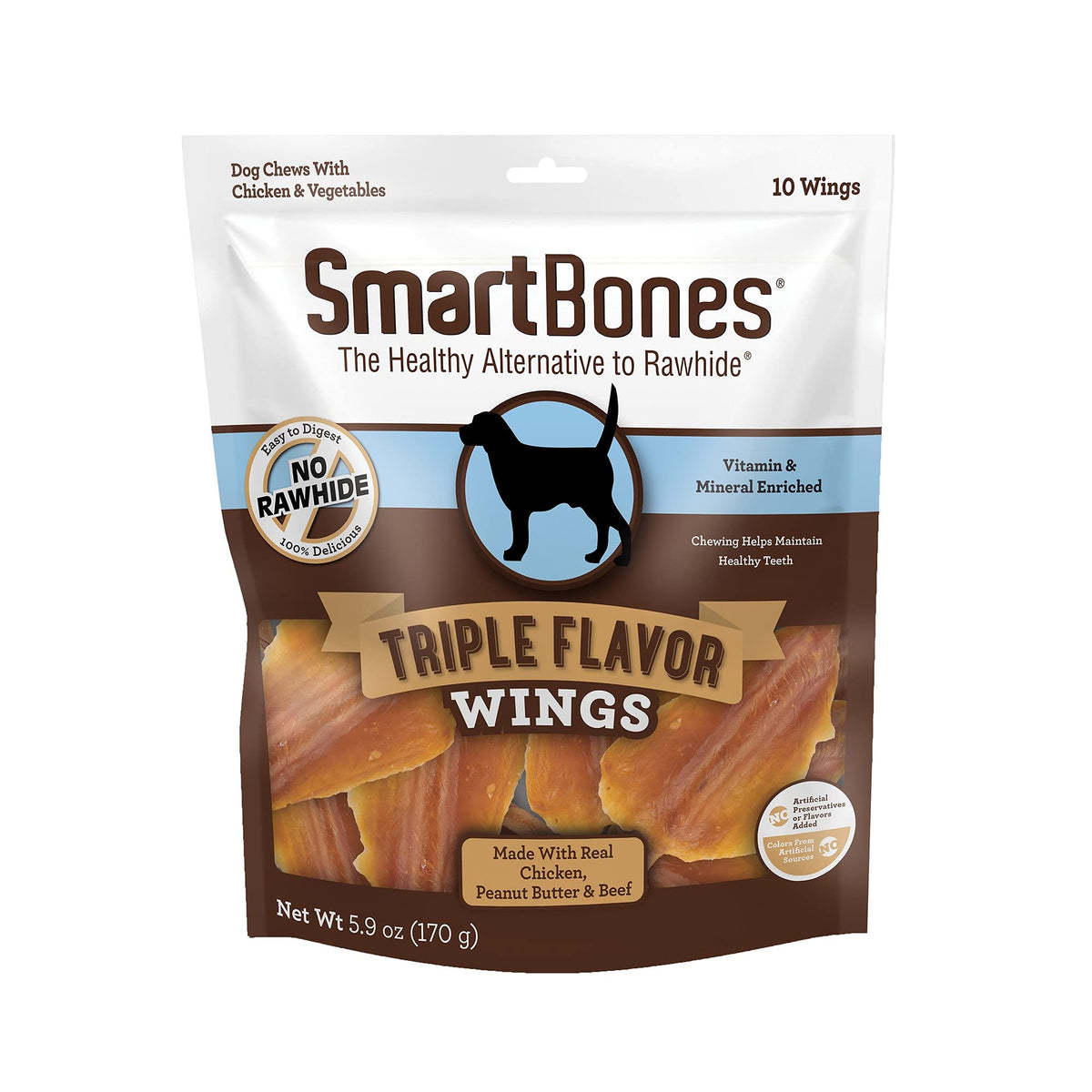 SmartBones alitas sabor triple en envase, opción sin colorantes para perros.