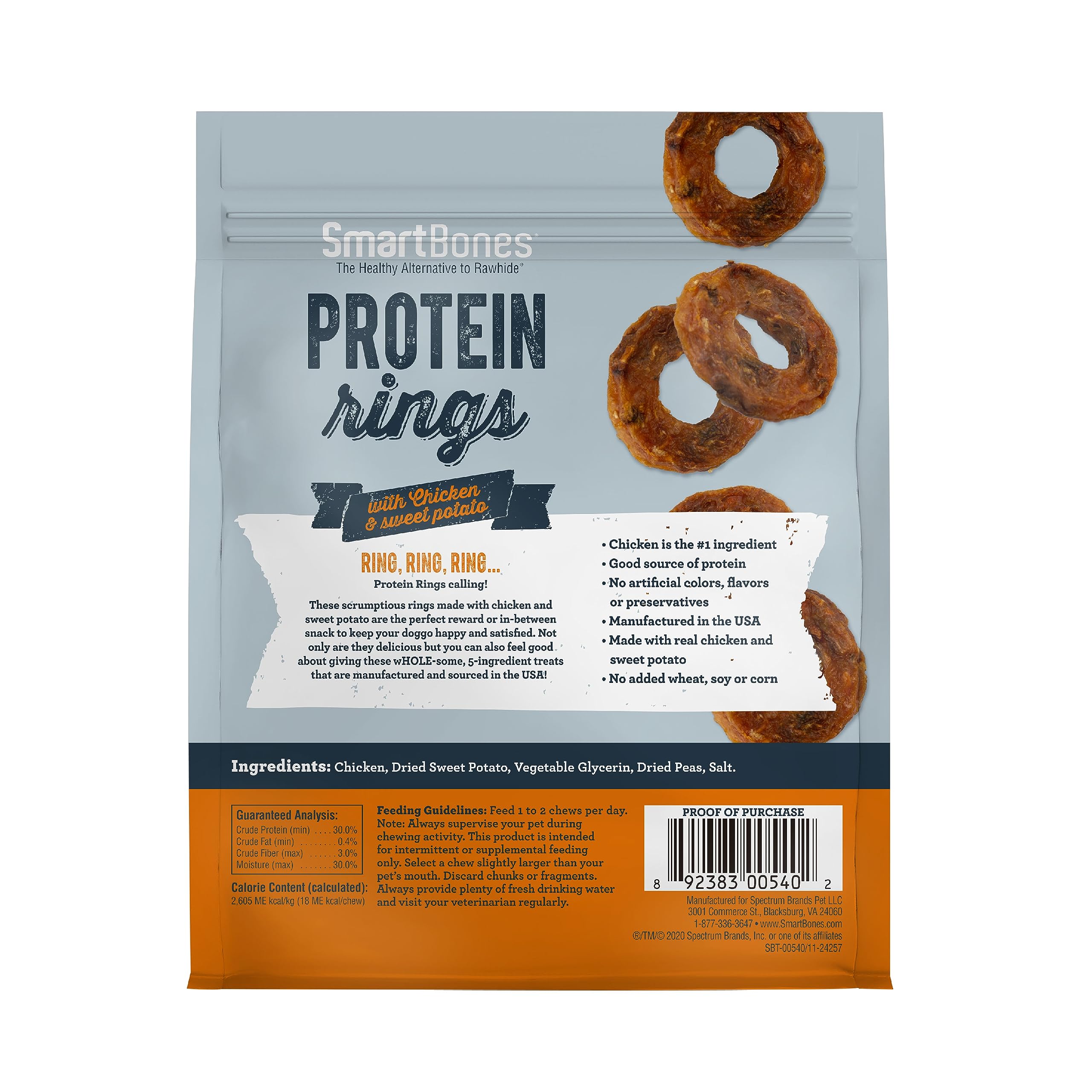 SmartBones anillos de proteína con pollo y batata, ideal como premio en entrenamiento