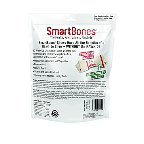 SmartBones empaque frontal, muestra masticables sin cuero para digestión suave.