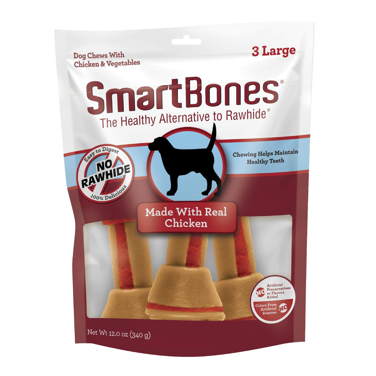SmartBones hueso grande con pollo real para masticar y apoyar dientes sanos.