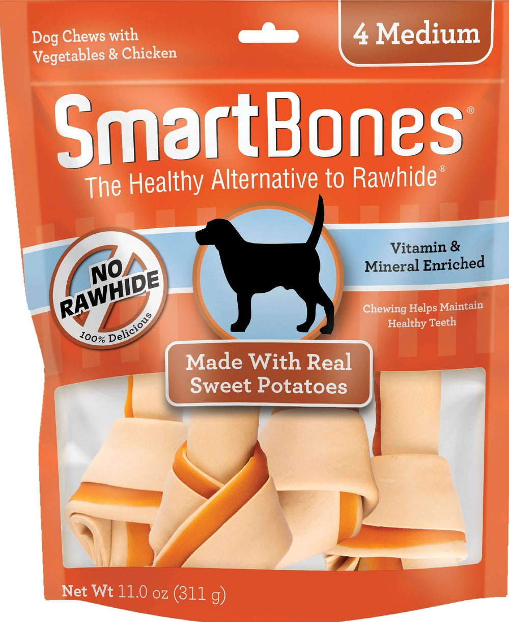 SmartBones masticables medianos con patata dulce real, sabor delicioso para perros activos.