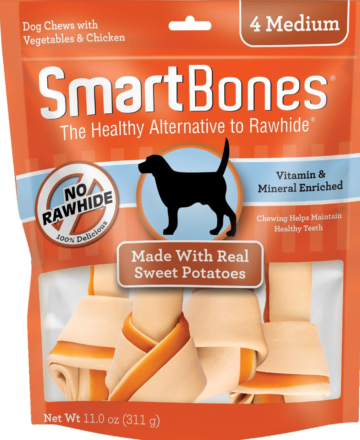 SmartBones masticables medianos con patata dulce real, sabor delicioso para perros activos.