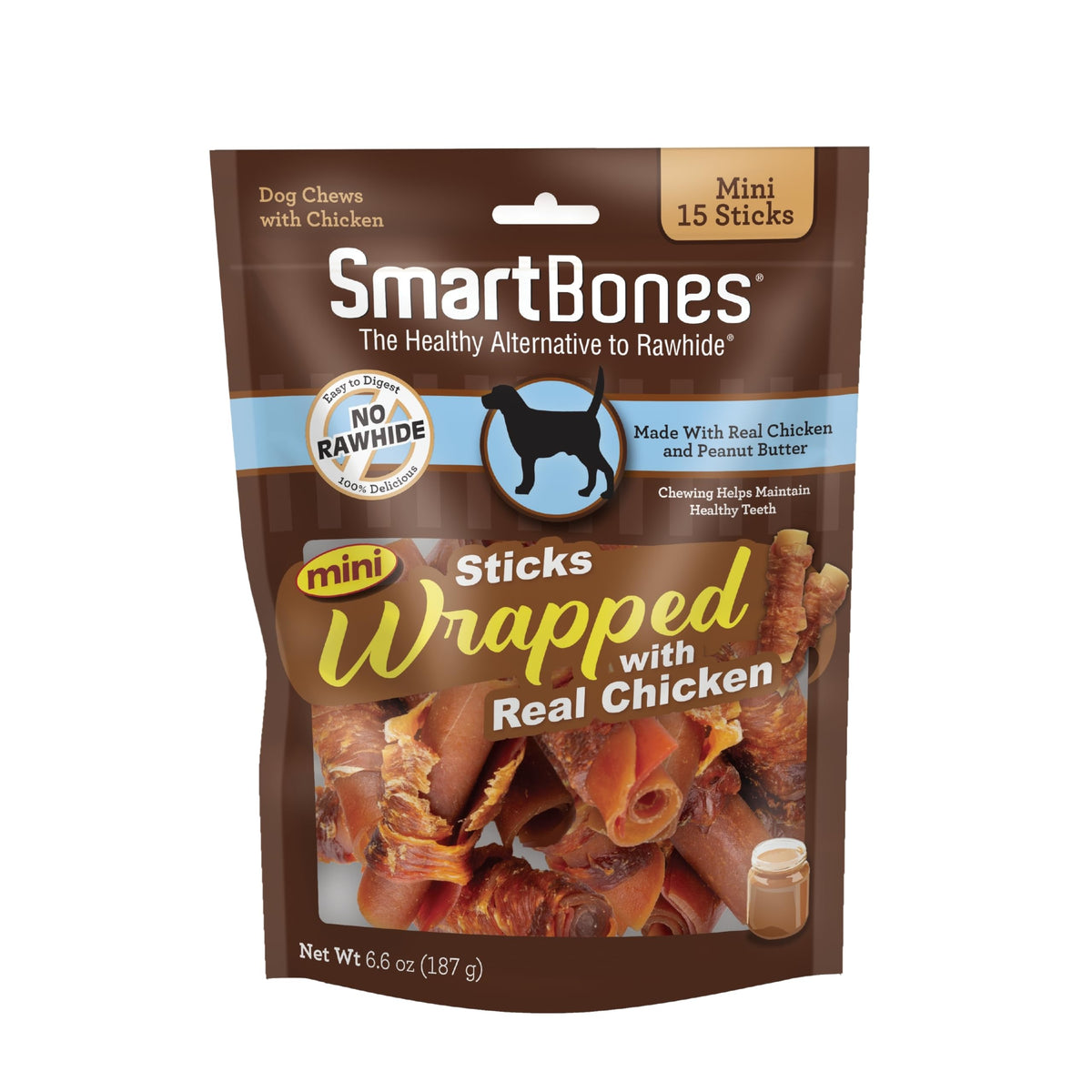 SmartBones Mini: palitos envueltos de pollo con mantequilla de maní, sabor irresistible para perros.