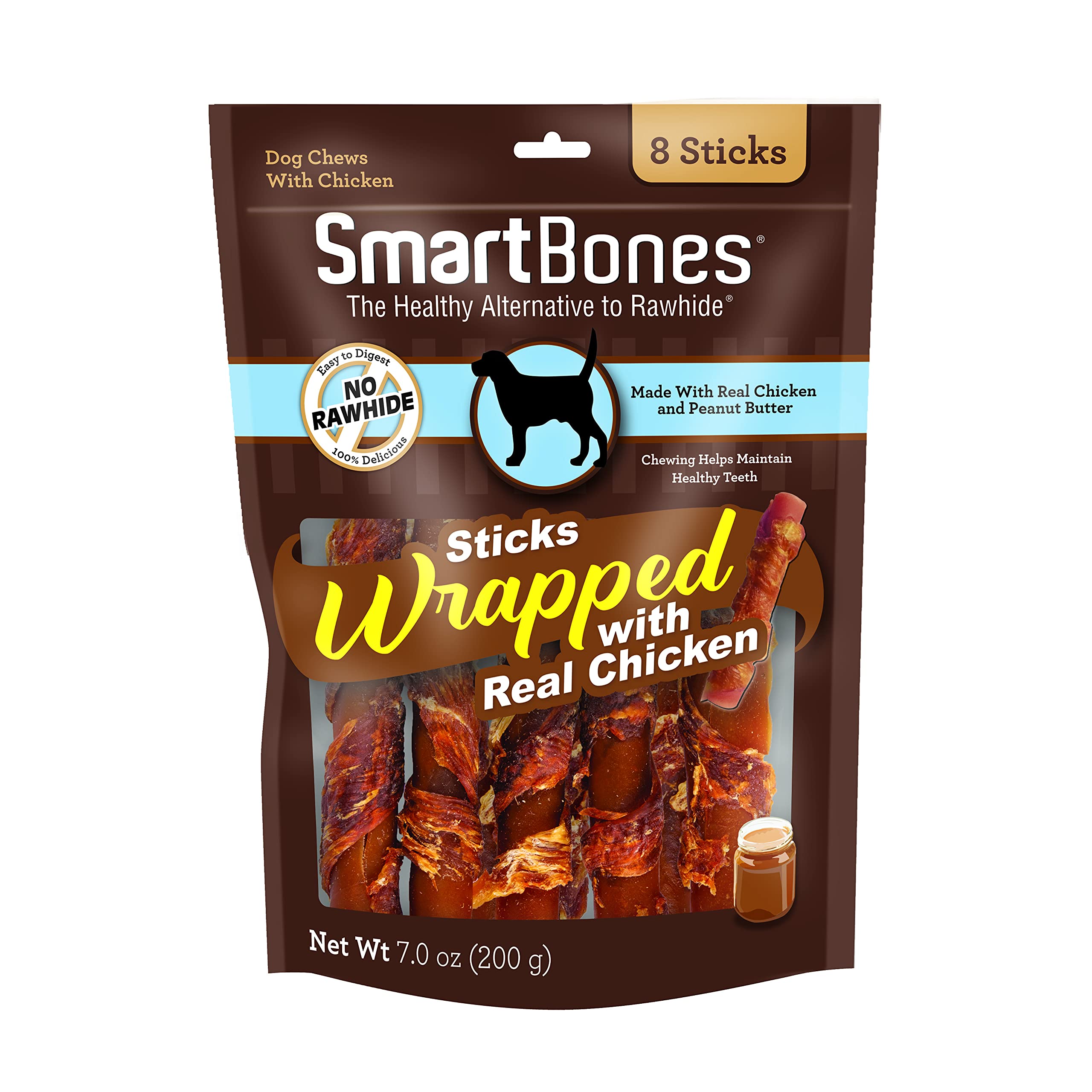 SmartBones palos envueltos de pollo con mantequilla de maní, snack irresistible.