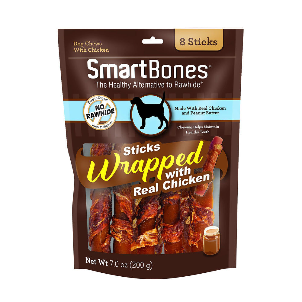 SmartBones palos envueltos de pollo con mantequilla de maní, snack irresistible.
