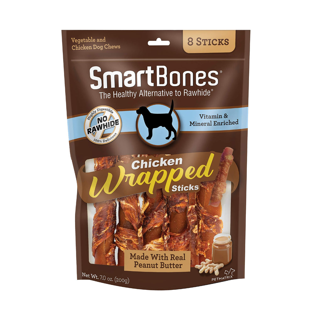 SmartBones palos envueltos de pollo, sabrosos y fáciles de masticar para perros.