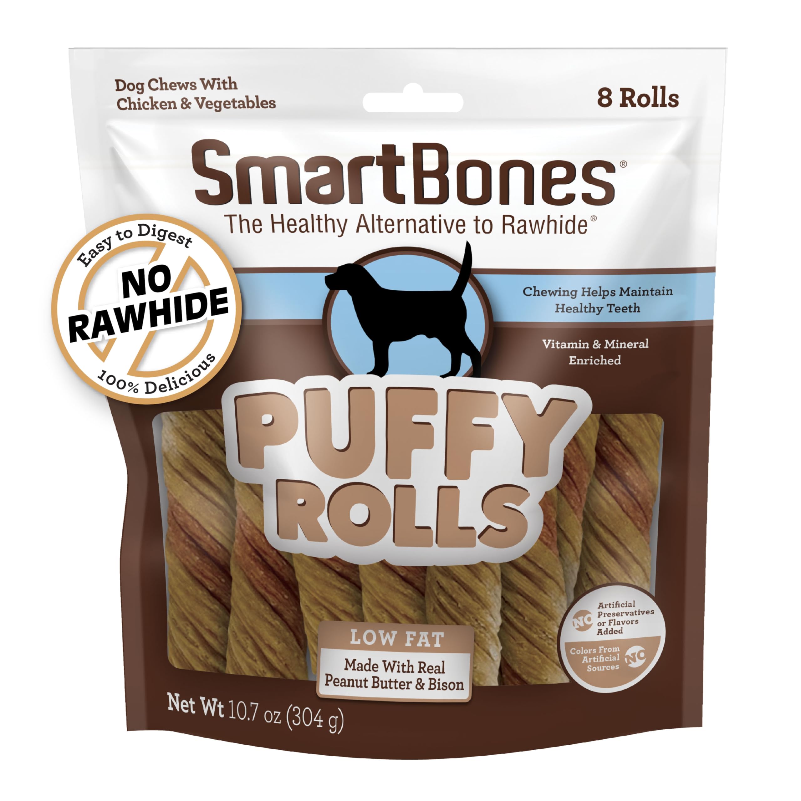 SmartBones Puffy Rolls en empaque práctico para almacenar y premiar.