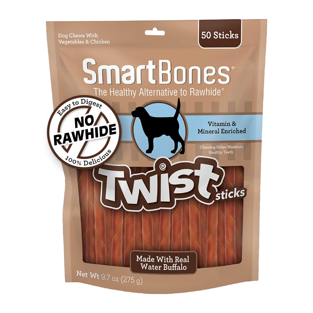 SmartBones Twist Sticks con búfalo de agua en envase, opción sabrosa sin cuero para perros.