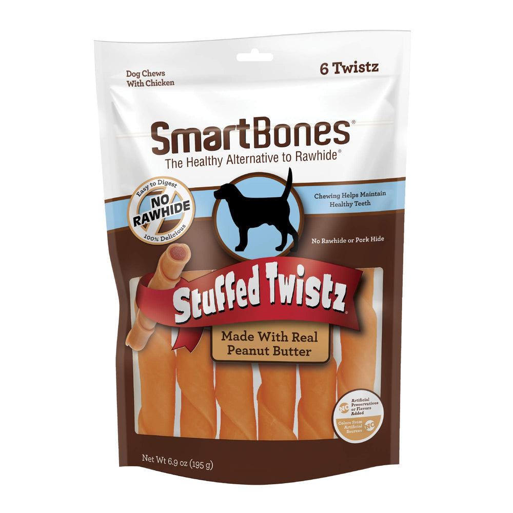 SmartBones Twistz relleno de mantequilla de cacahuete, premio sabroso para perros.