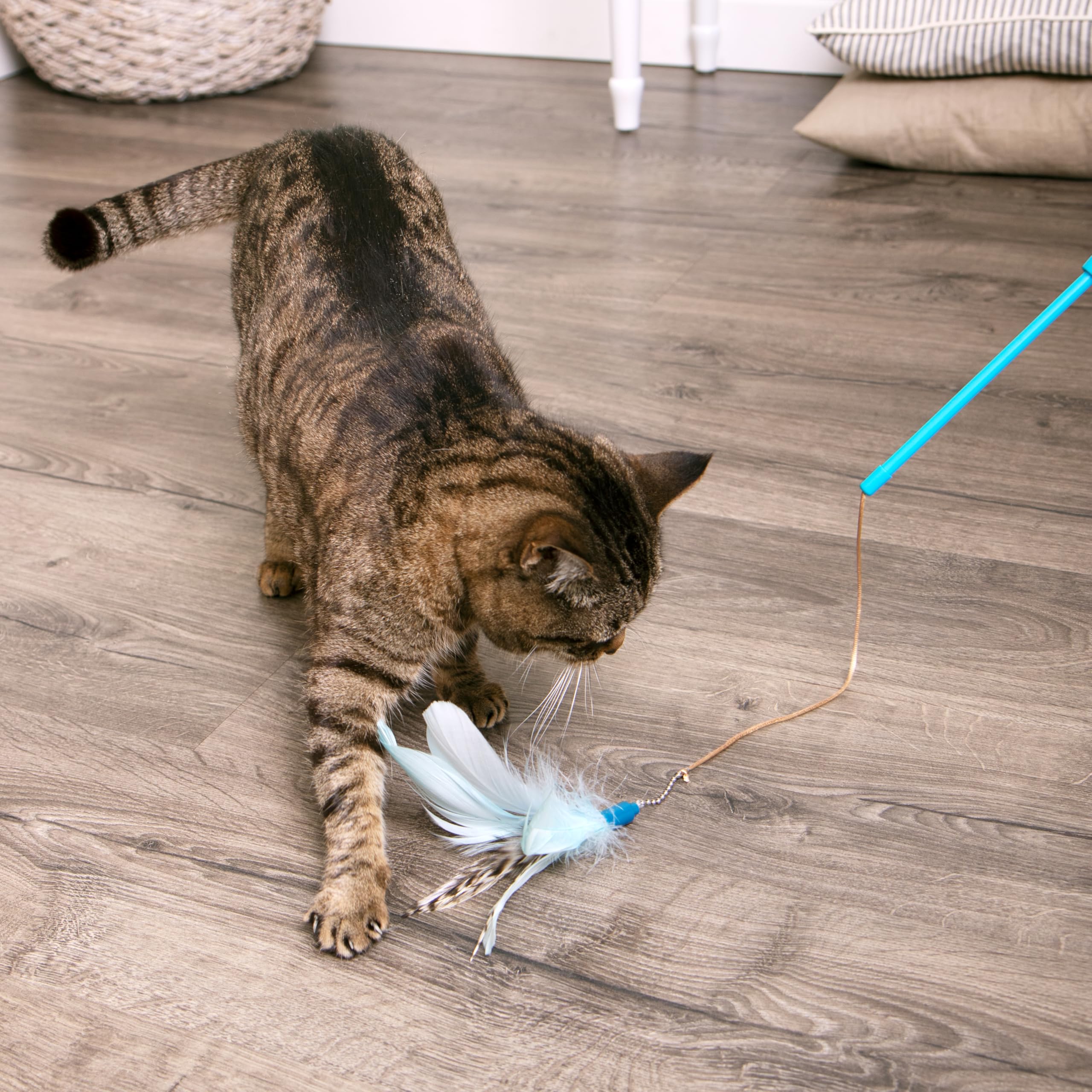 Movimiento irregular imita presa real para atrapar la atención del gato.