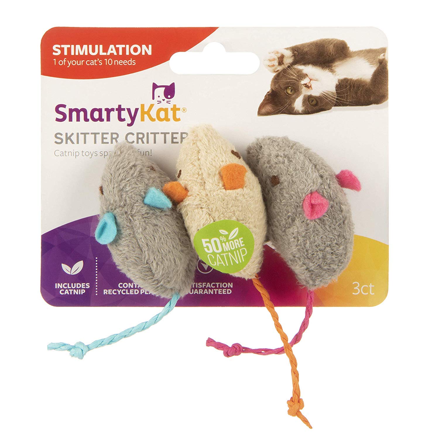 SmartyKat Skitter Critters ratón de juguete con hierba gatera para gatos, ideal para juego activo.