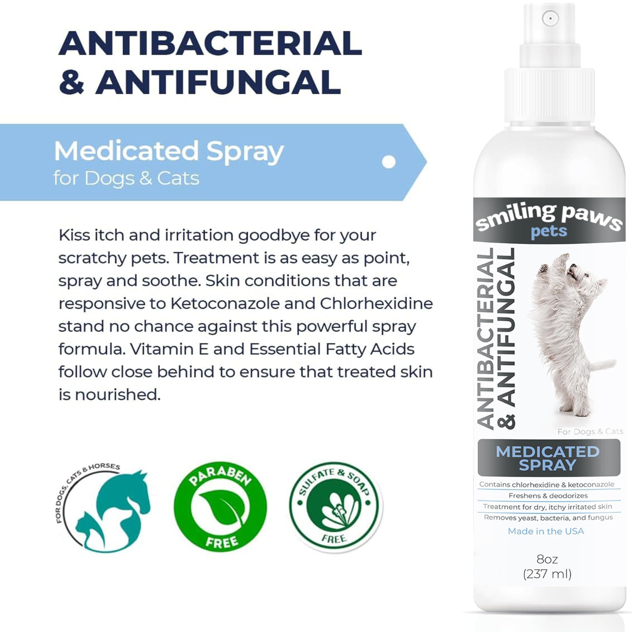 Smiling Paws Pets, etiqueta de clorhexidina, fórmula antibacteriana suave.