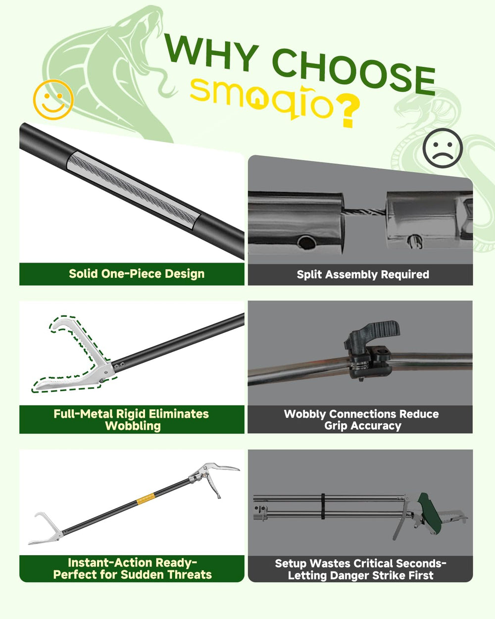 SMOQIO Snake Grabber Tool presenta mandíbulas anchas y anti-deslizantes para agarre estable.