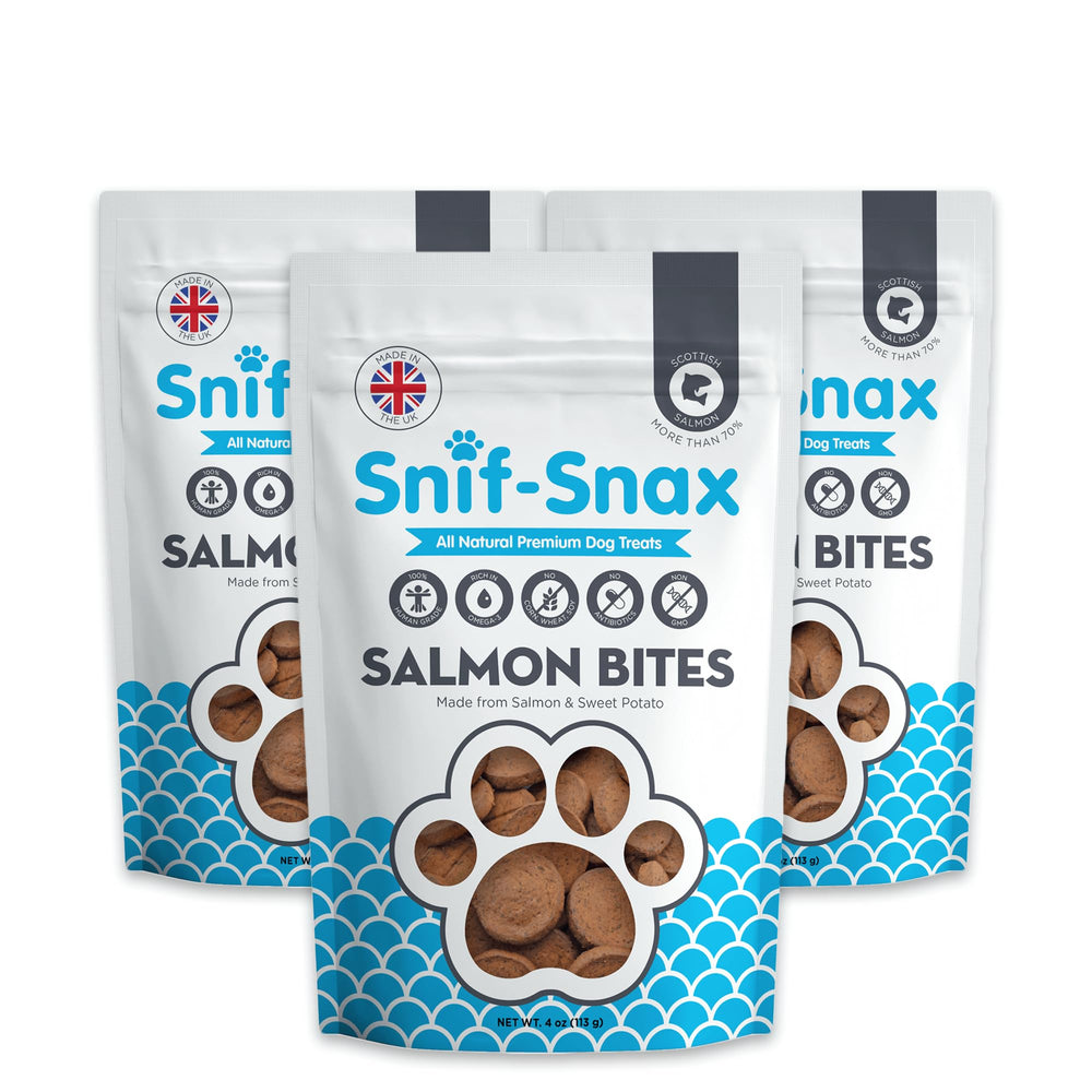 Bocaditos de salmón Snif-Snax en empaque tres para entrenamiento diario.