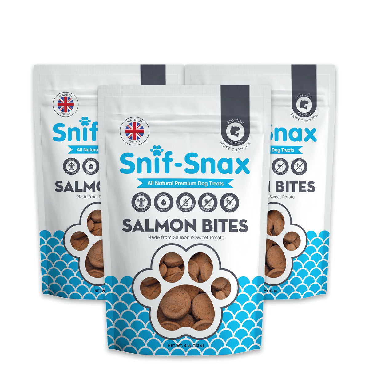 Bocaditos de salmón Snif-Snax en empaque tres para entrenamiento diario.