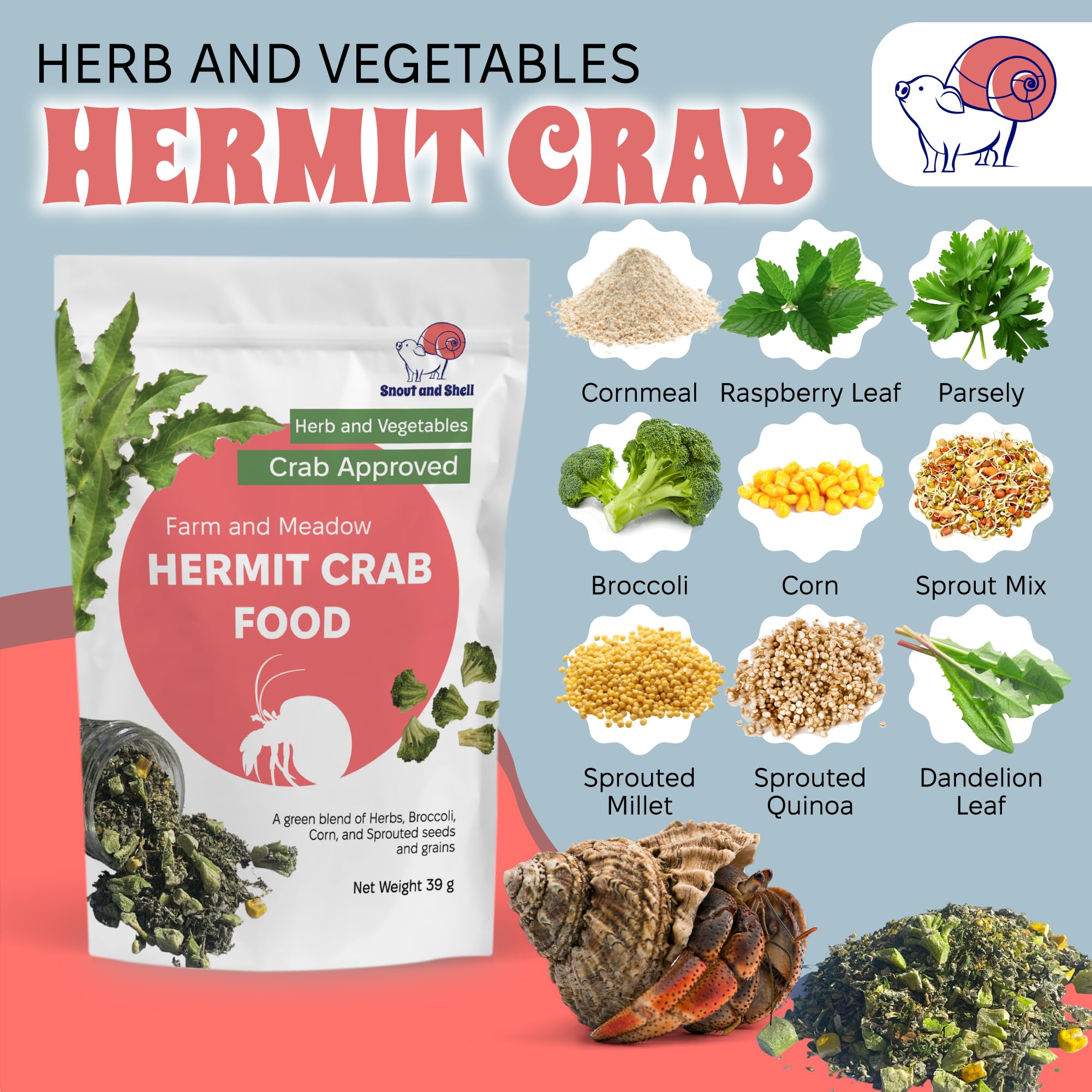 Snout and Shell — feuilles-verdure-crabe-hermite, fibres et variété dans l'alimentation.