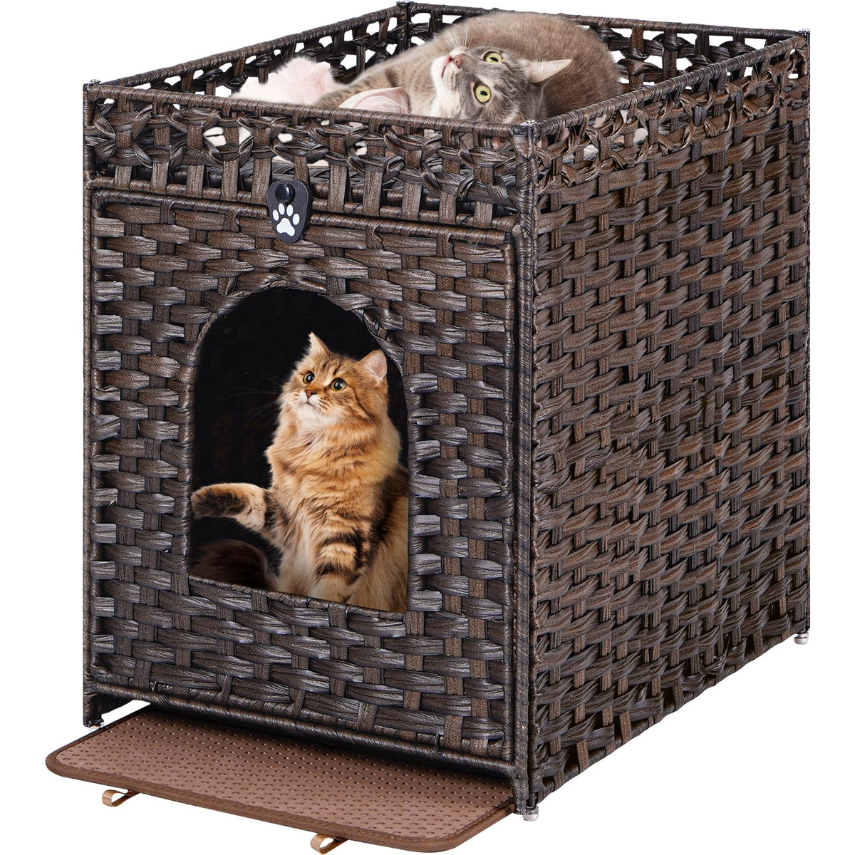 Snughome caja-litter enclosure marrón, vista frontal, diseño cálido de ratán.