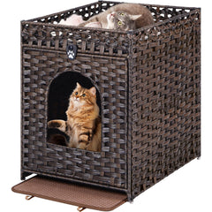 Snughome caja-litter enclosure marrón, vista frontal, diseño cálido de ratán.