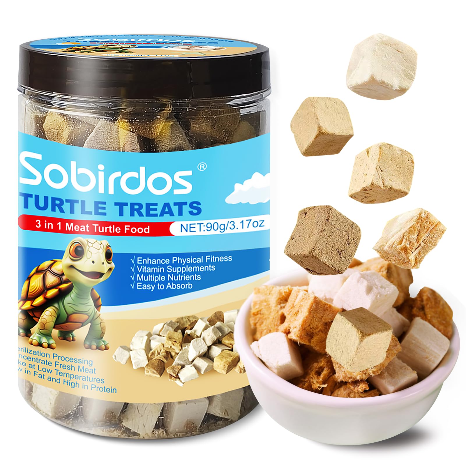 Sobirdos Turtle Treats envase frontal; snack para tortugas, apoyo a una dieta equilibrada