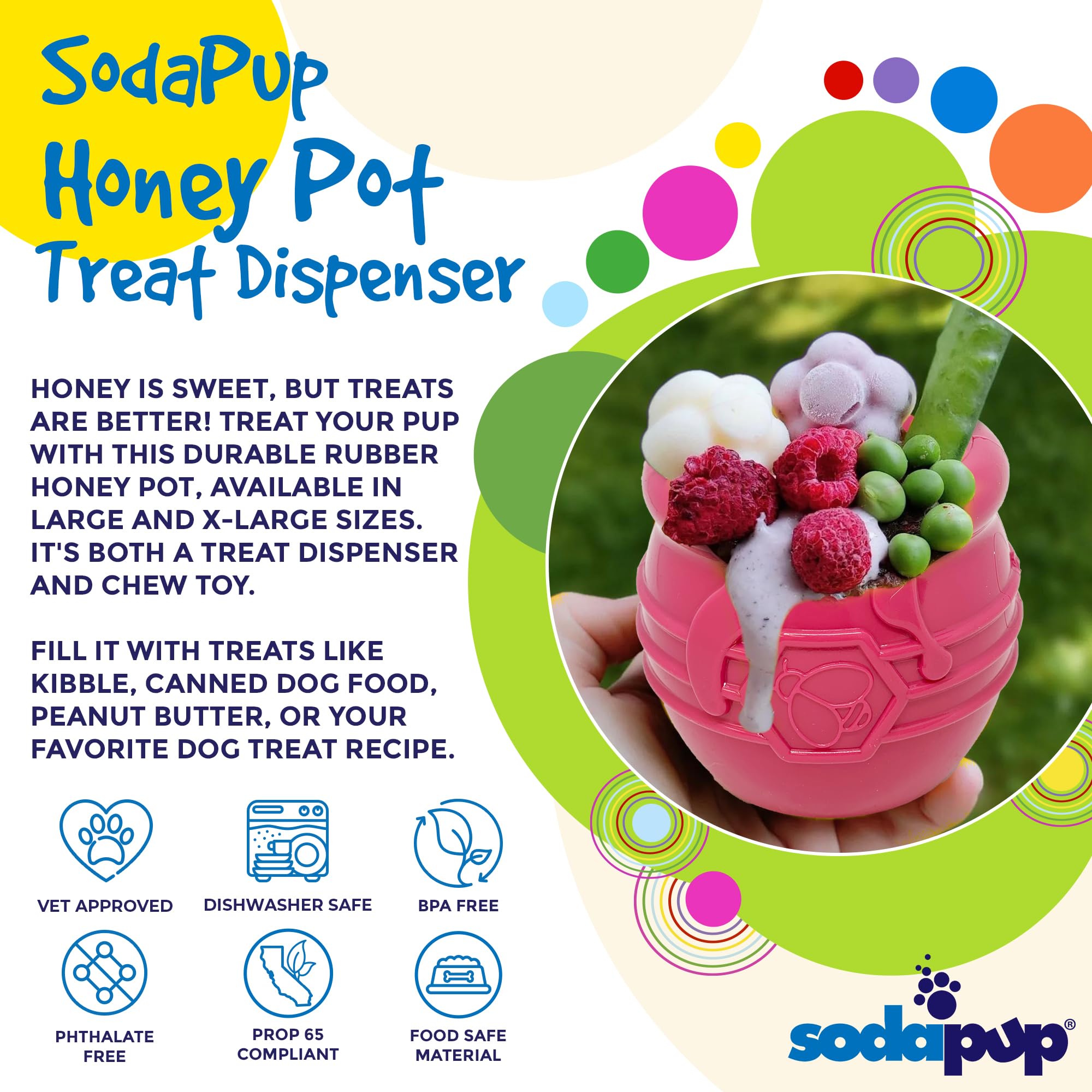 SodaPup Honey Pot, material caucho natural seguro para masticación prolongada.