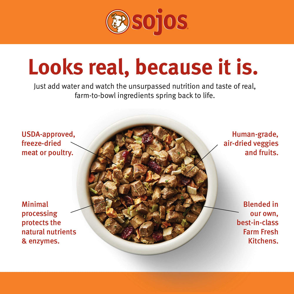 Sojos Completo para perros deshidratados, visual de bolsa, sabor natural.