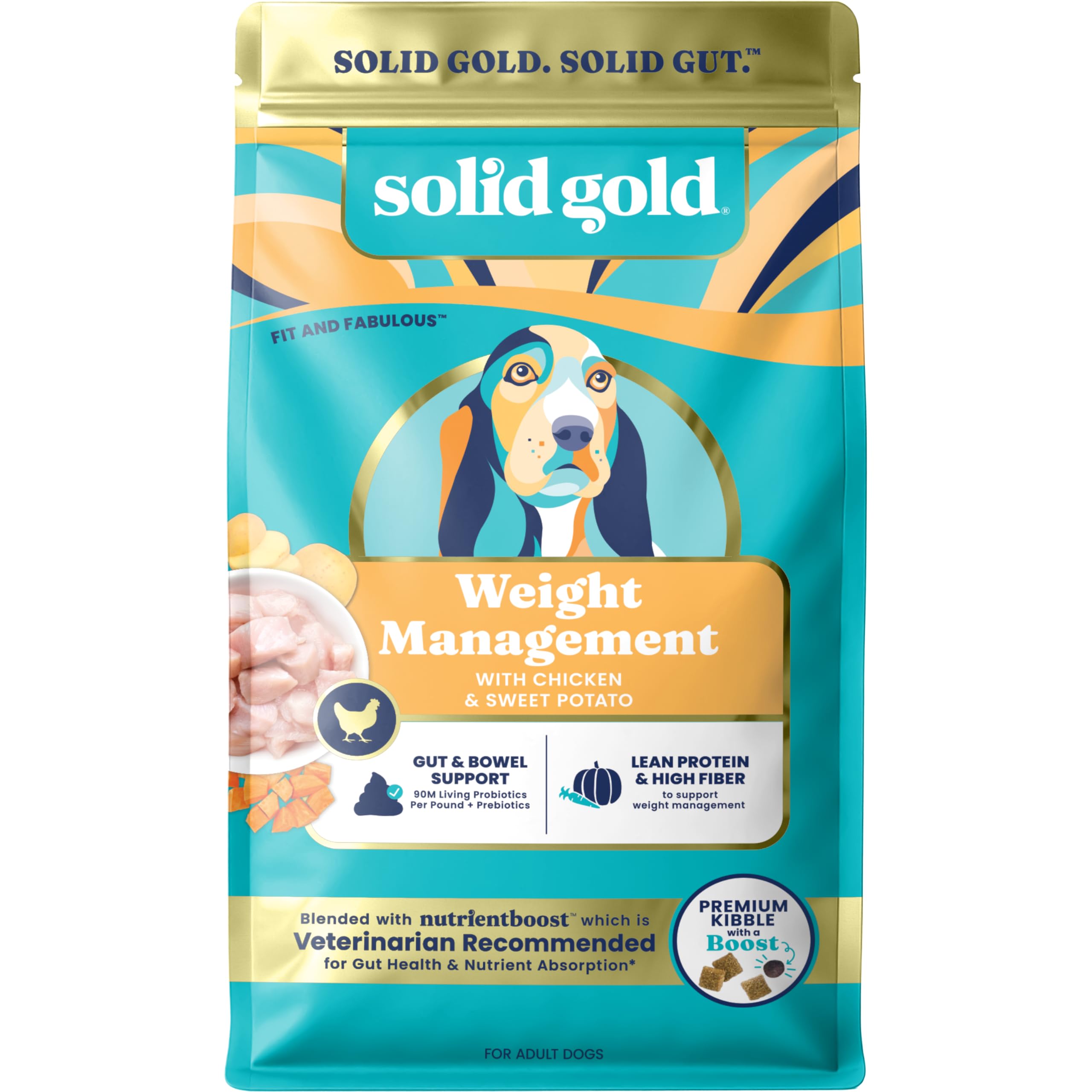 Solid Gold alimento para perro con peso saludable en empaque, ideal para control de ración.