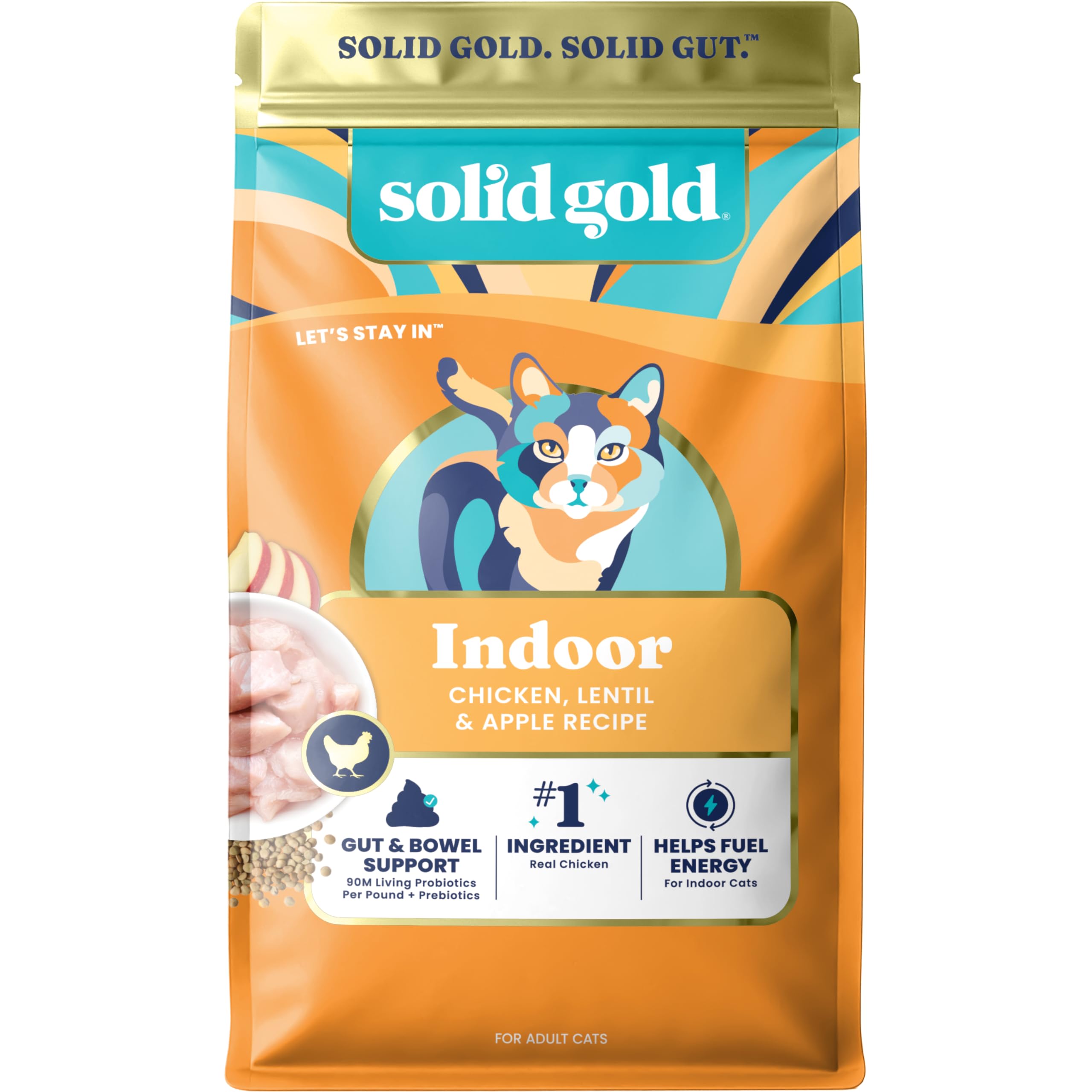 Solid Gold croquetas de pollo para gatos interiores, apoyo a la digestión saludable.