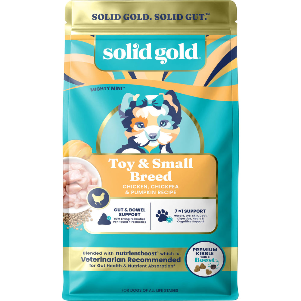 Solid Gold alimento seco para perros pequeños con pollo, bocados fáciles de masticar para digestión suave.