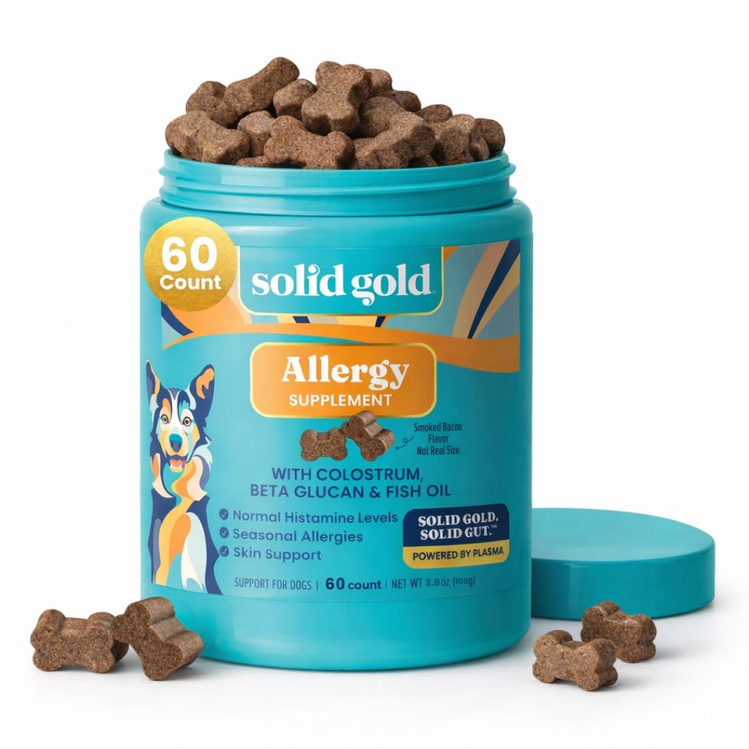Solid Gold masticables para alergias caninas: empaque con 60 unidades para uso diario.