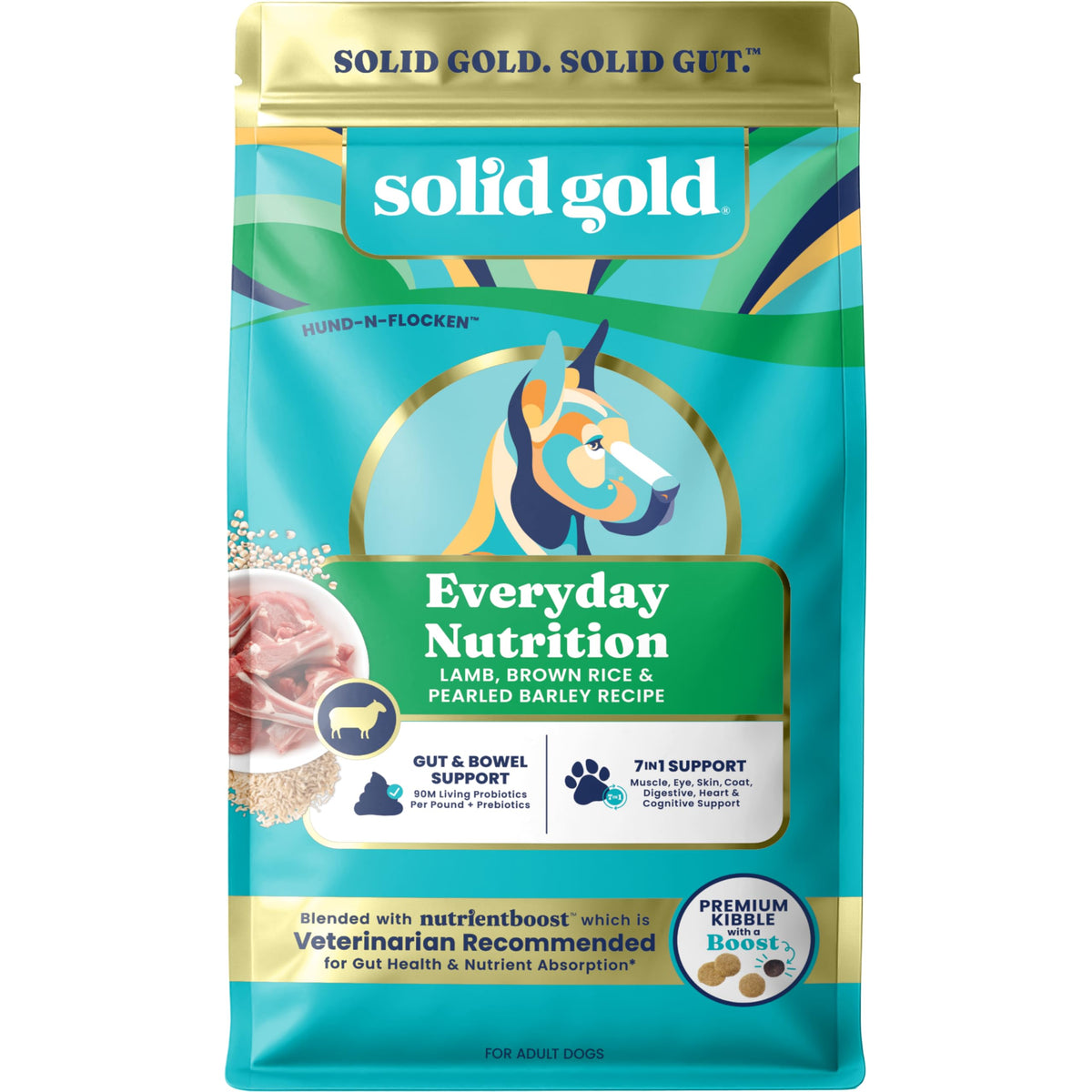 Solid Gold cordero empaque frontal, croquetas de alta calidad para perros activos.