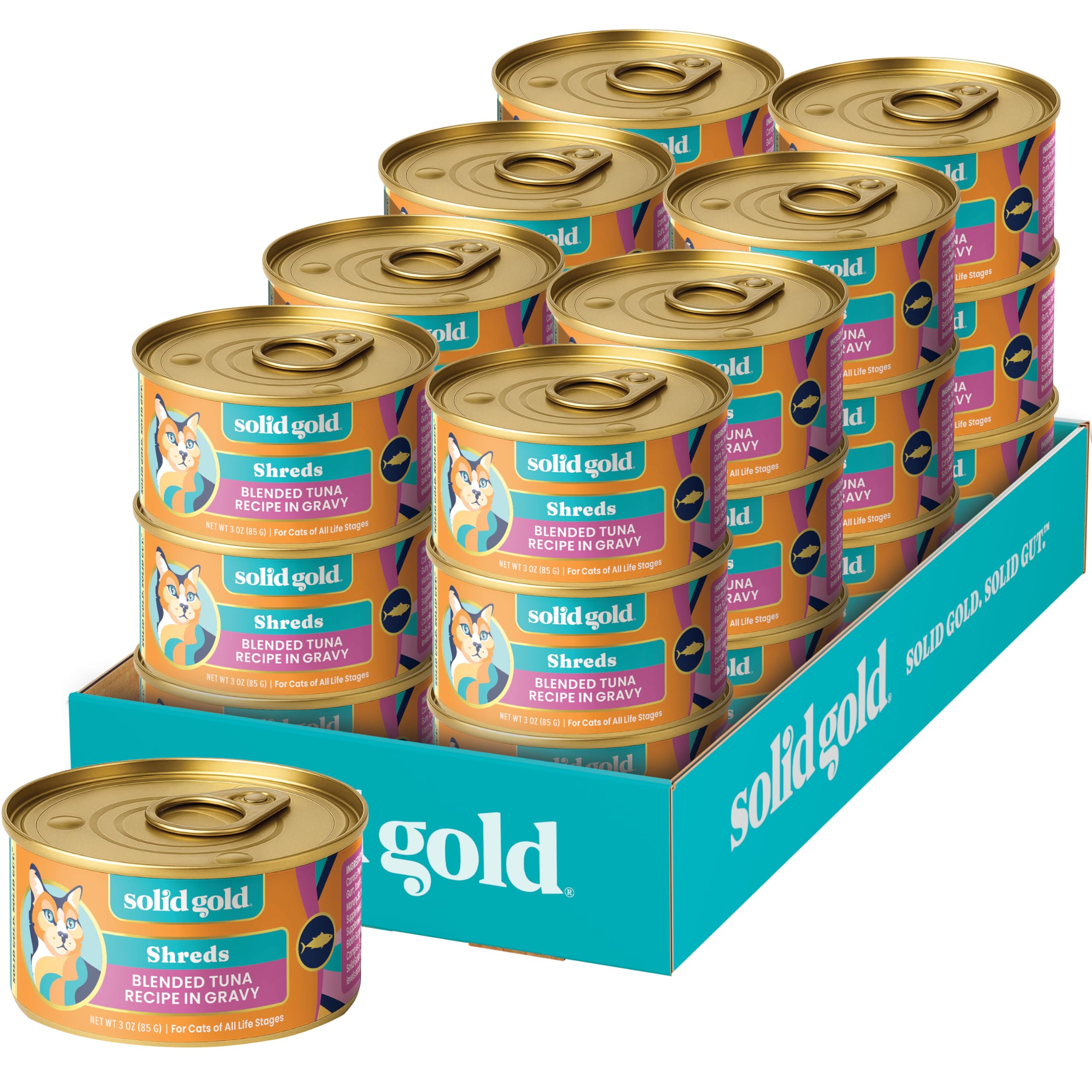 Solid Gold lata de atun en salsa, tiras jugosas para hidratación y proteína.