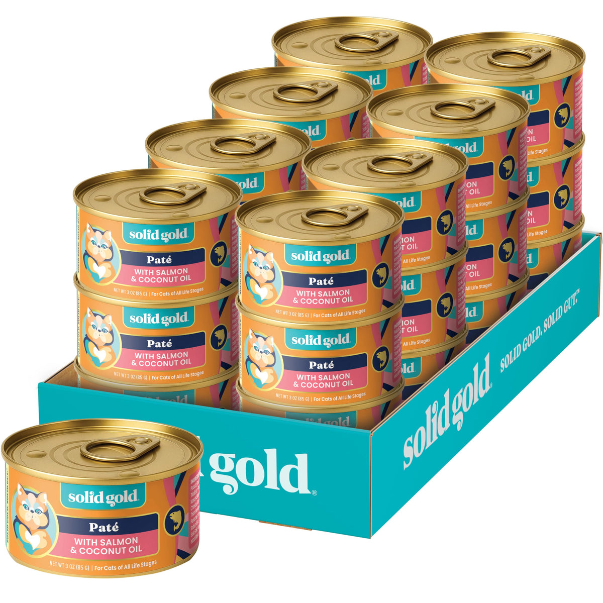Solid Gold pate-gato salmón-aceite-de-coco, textura suave para comer.