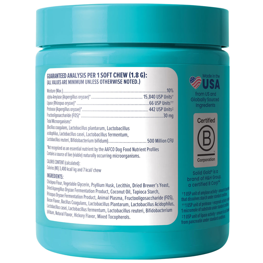 Solid Gold Probiotics para perros, presentación de 120 masticables para uso diario.