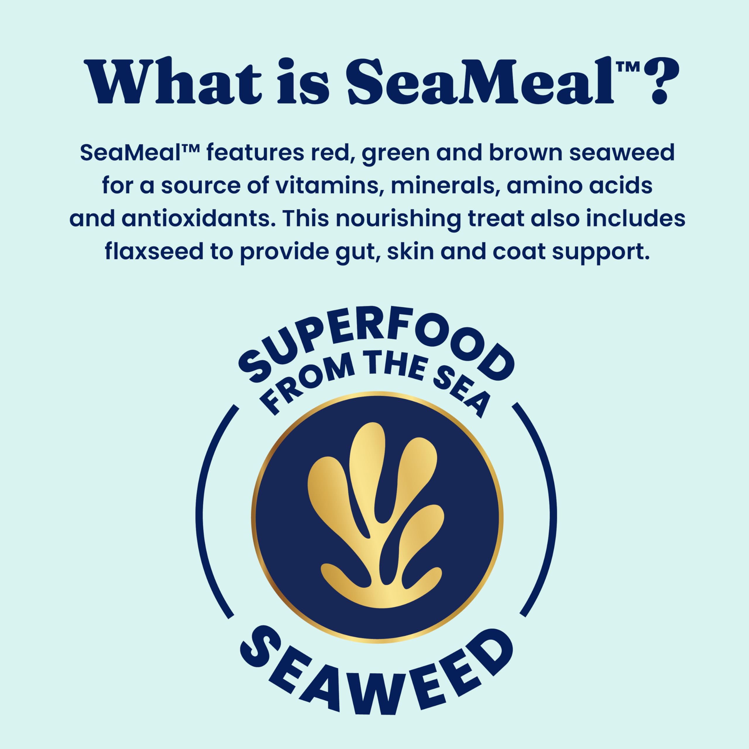 SeaMeal Solid Gold, etiqueta con lista de ingredientes y beneficios para mascotas.