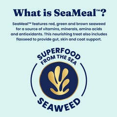 SeaMeal Solid Gold, etiqueta con lista de ingredientes y beneficios para mascotas.