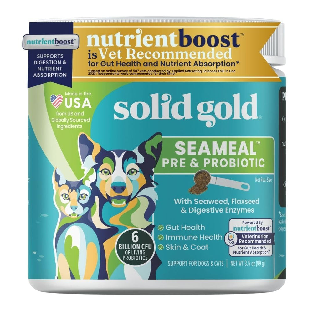 SeaMeal de Solid Gold, probiótico para perros y gatos en frasco, soporte digestivo.