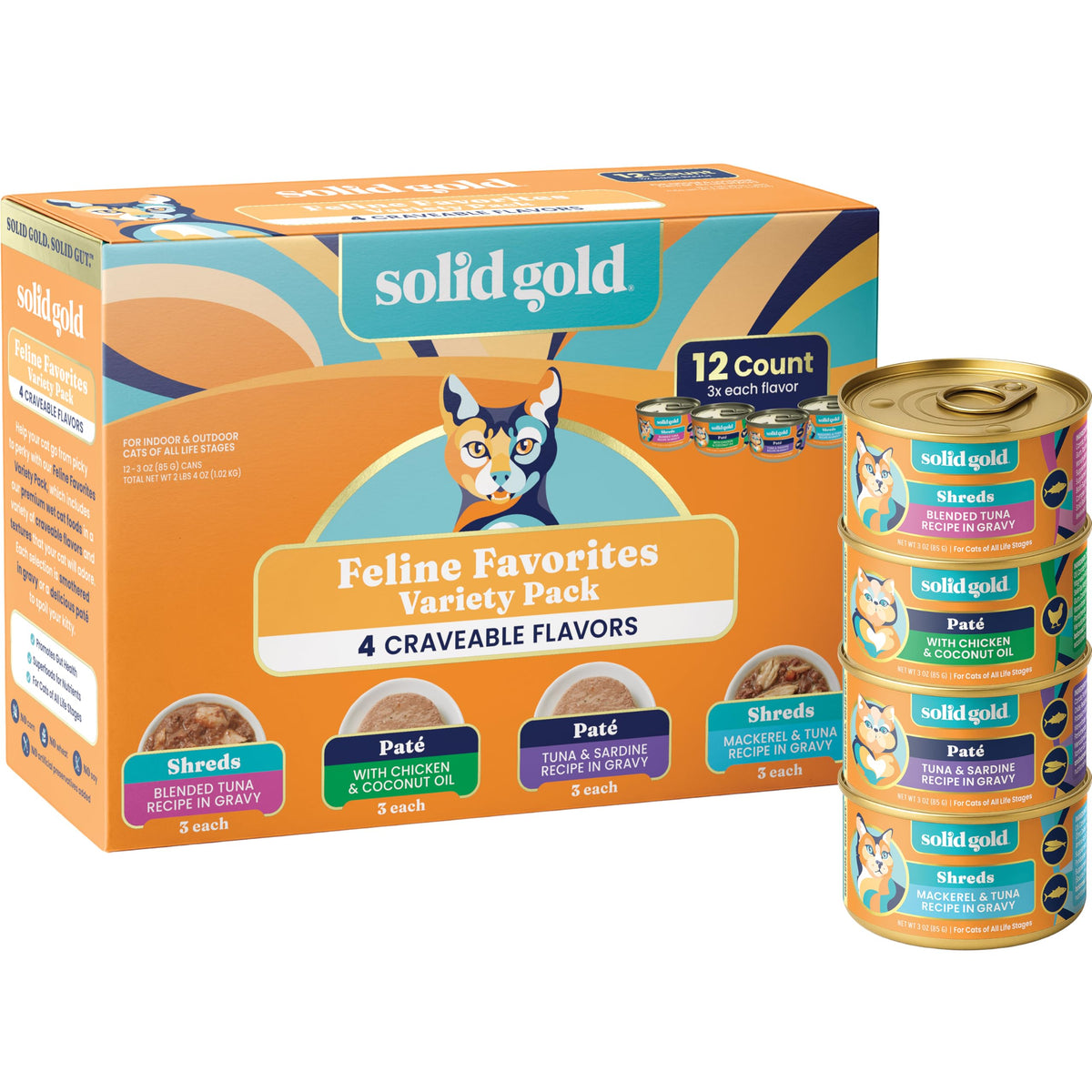 Solid Gold variedad húmeda paté y trozos, ideal para dar variedad en la dieta felina.
