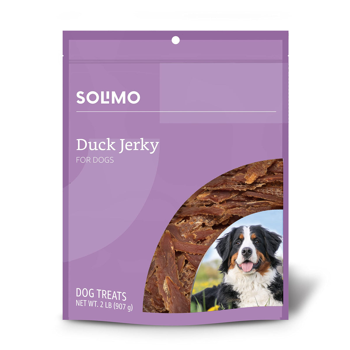Solimo tiras de pato para perros en empaque de dos libras, recompensa sabrosa.
