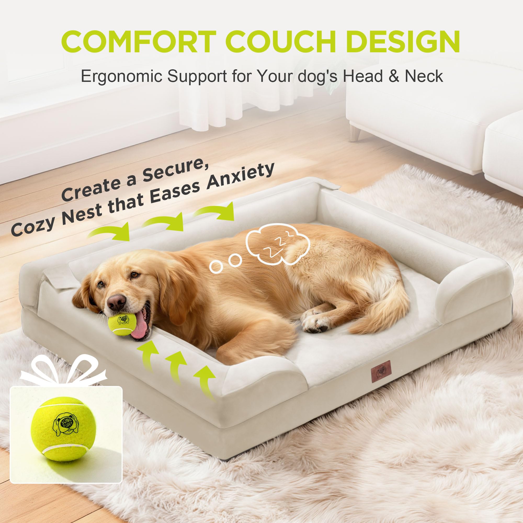 Cama Song Puppy XL, incluye juguete tenis para juego interactivo.