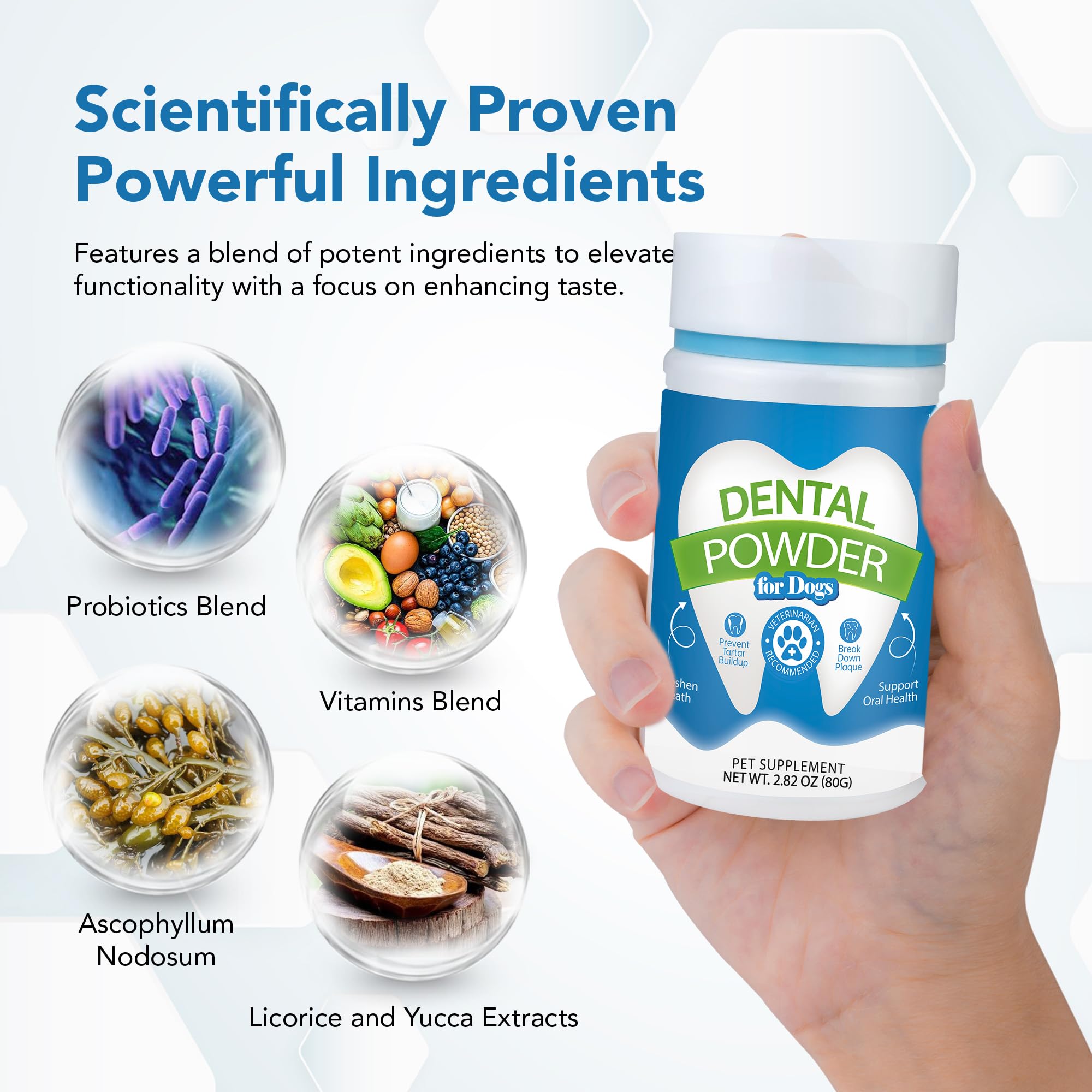 Spanielbuns polvos dentales con extractos naturales para bienestar bucal.