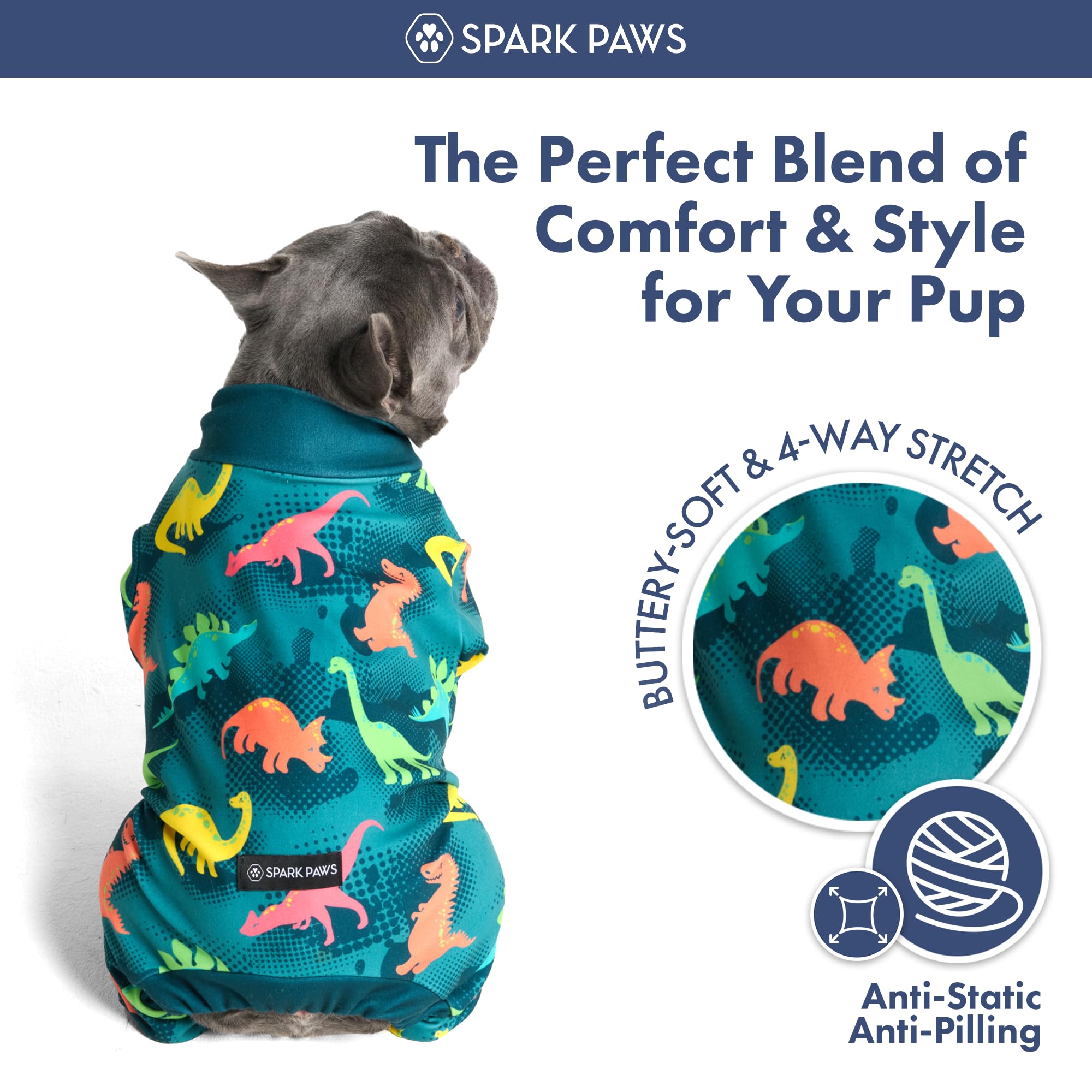 Spark Paws Pijama Dinosaurios dorso: diseño que abraza el cuerpo para mayor confort.