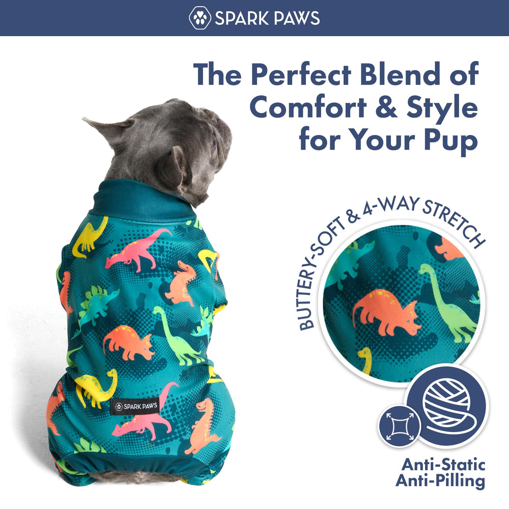 Spark Paws Pijama Dinosaurios dorso: diseño que abraza el cuerpo para mayor confort.