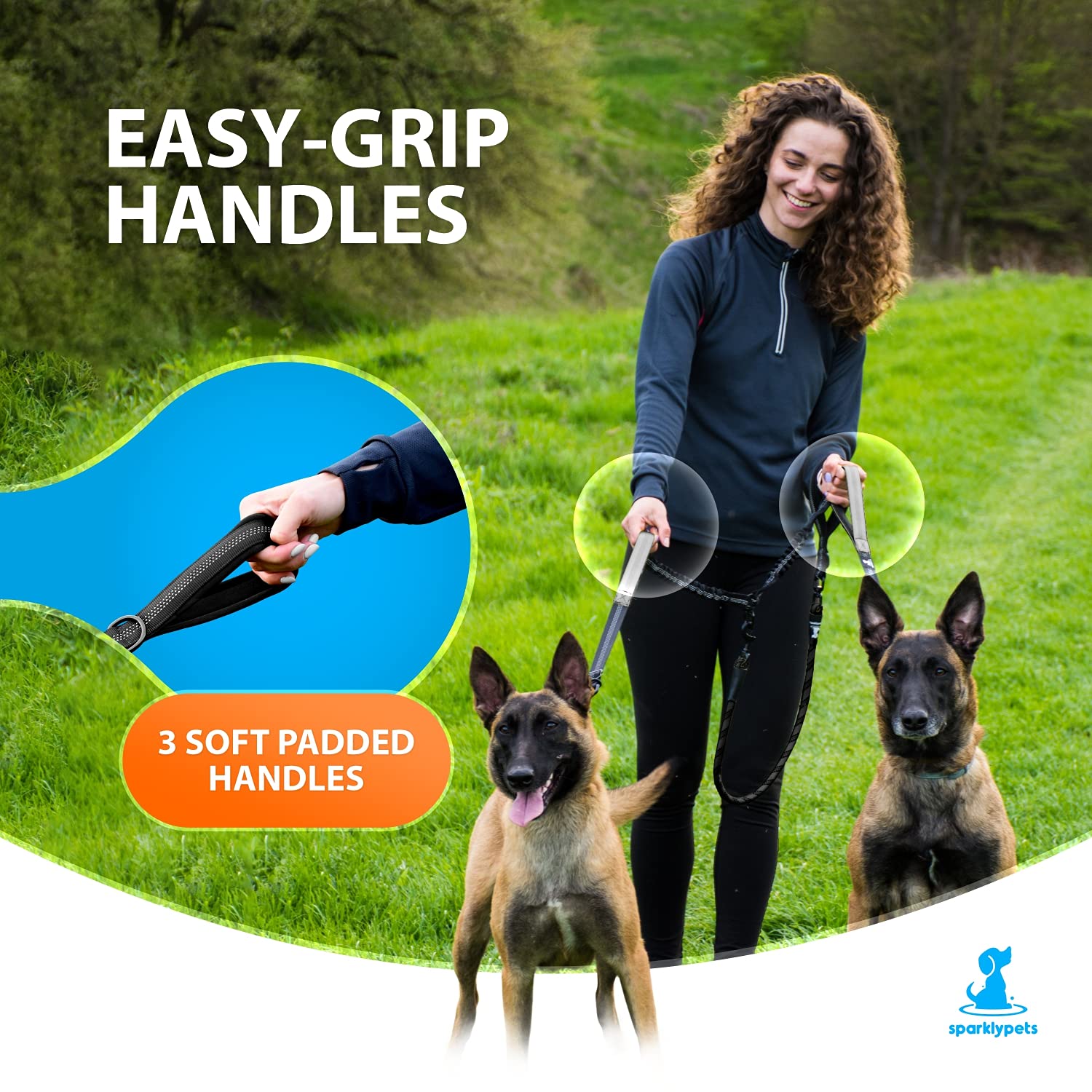 SparklyPets bungee reforzado para dos perros ayuda a absorber tirones.