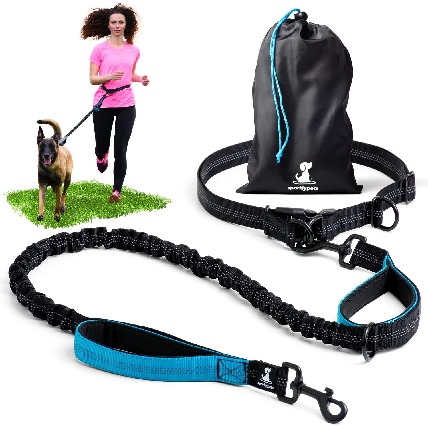 SparklyPets correa de cintura sin manos con costuras reflectantes para paseos nocturnos seguros.