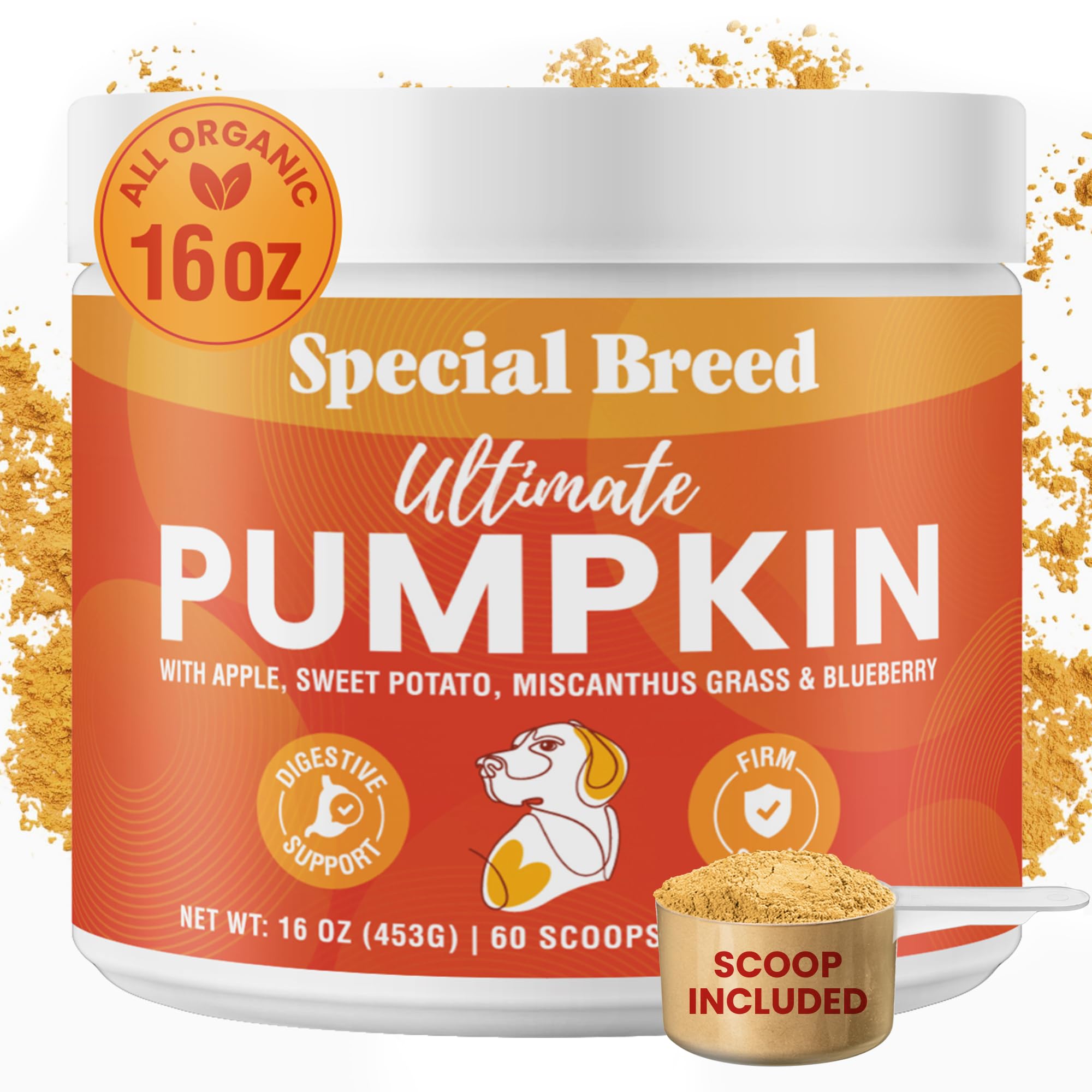 Special Breed: envase del suplemento de calabaza para uso diario en la dieta del perro.