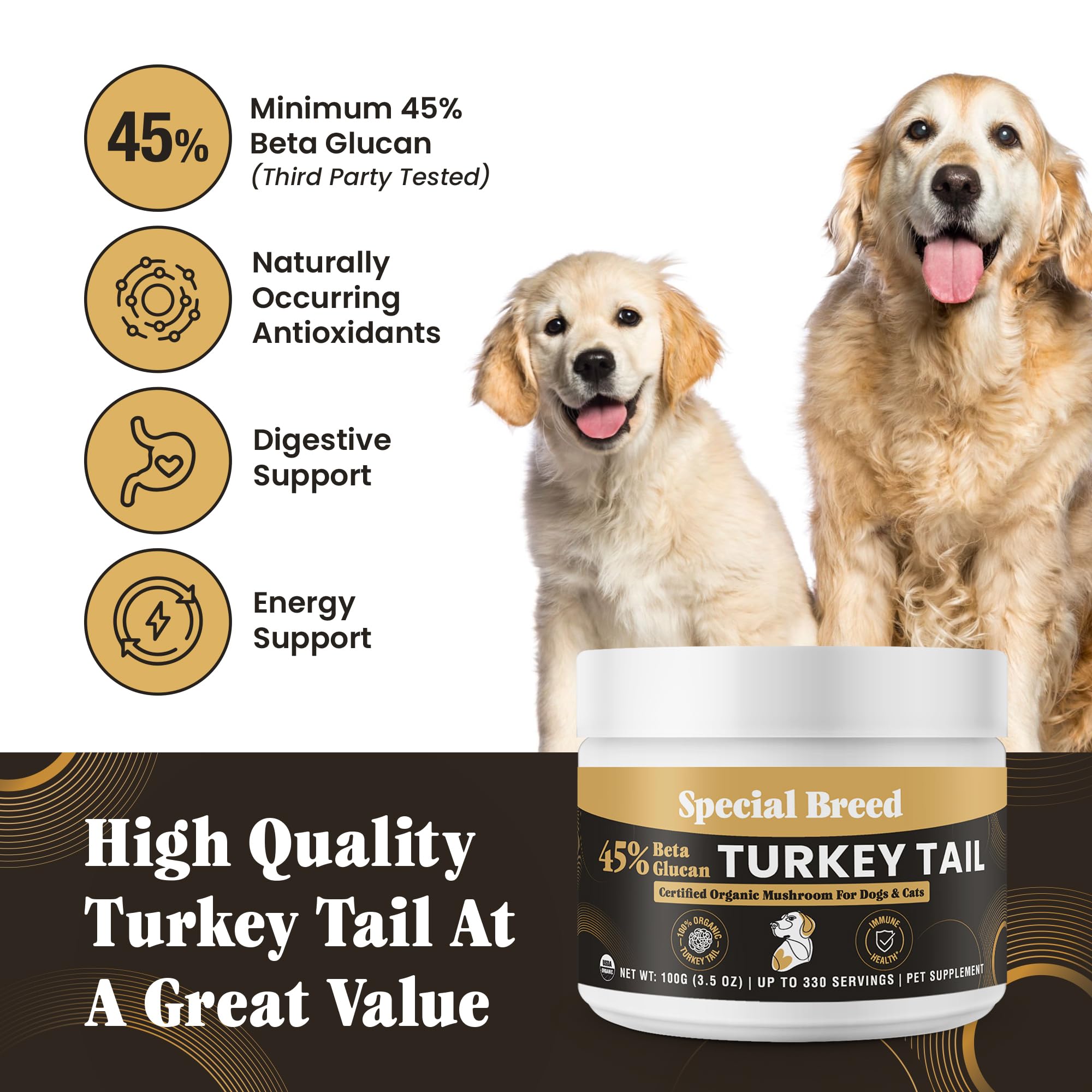 Special Breed Cola de Pavo Polvo Dosificación fácil para mascotas.