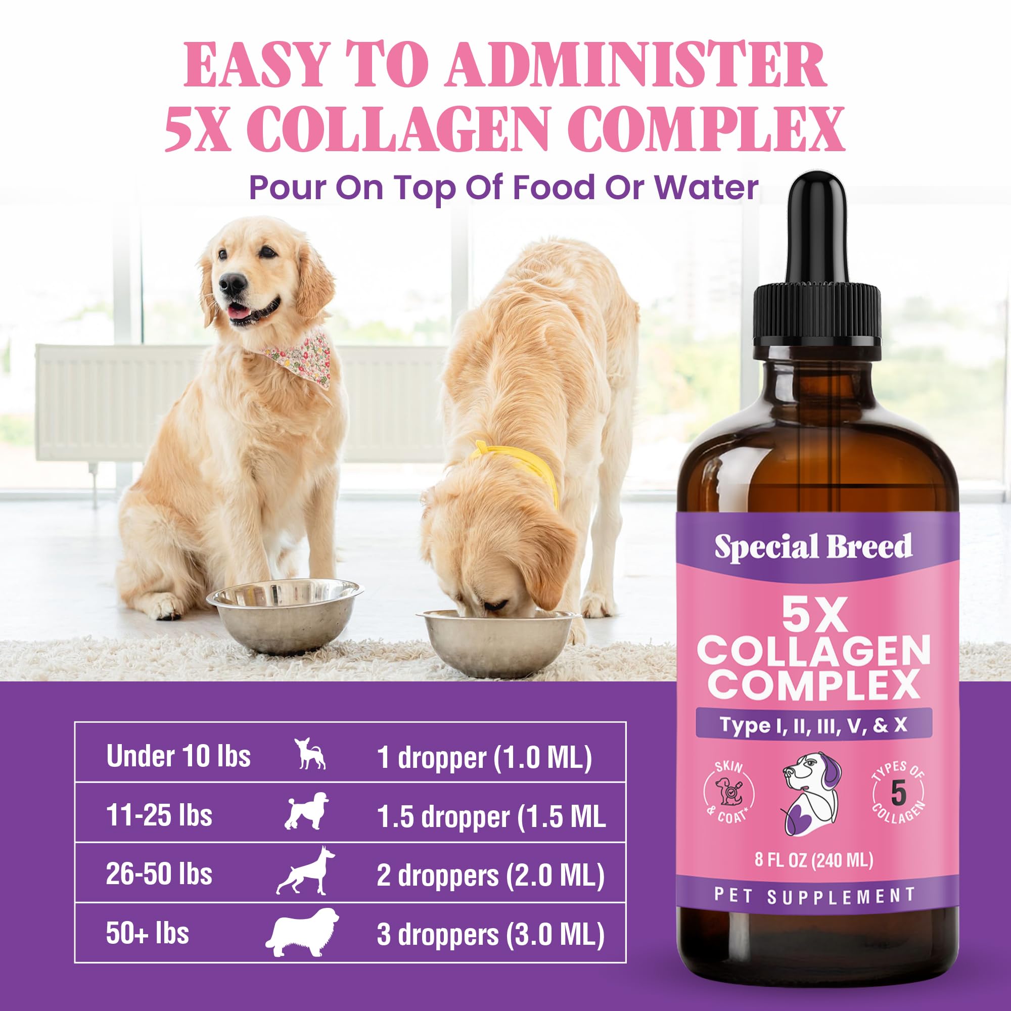 Special Breed Collagen para perros, producido en EE. UU. con BPM para seguridad.
