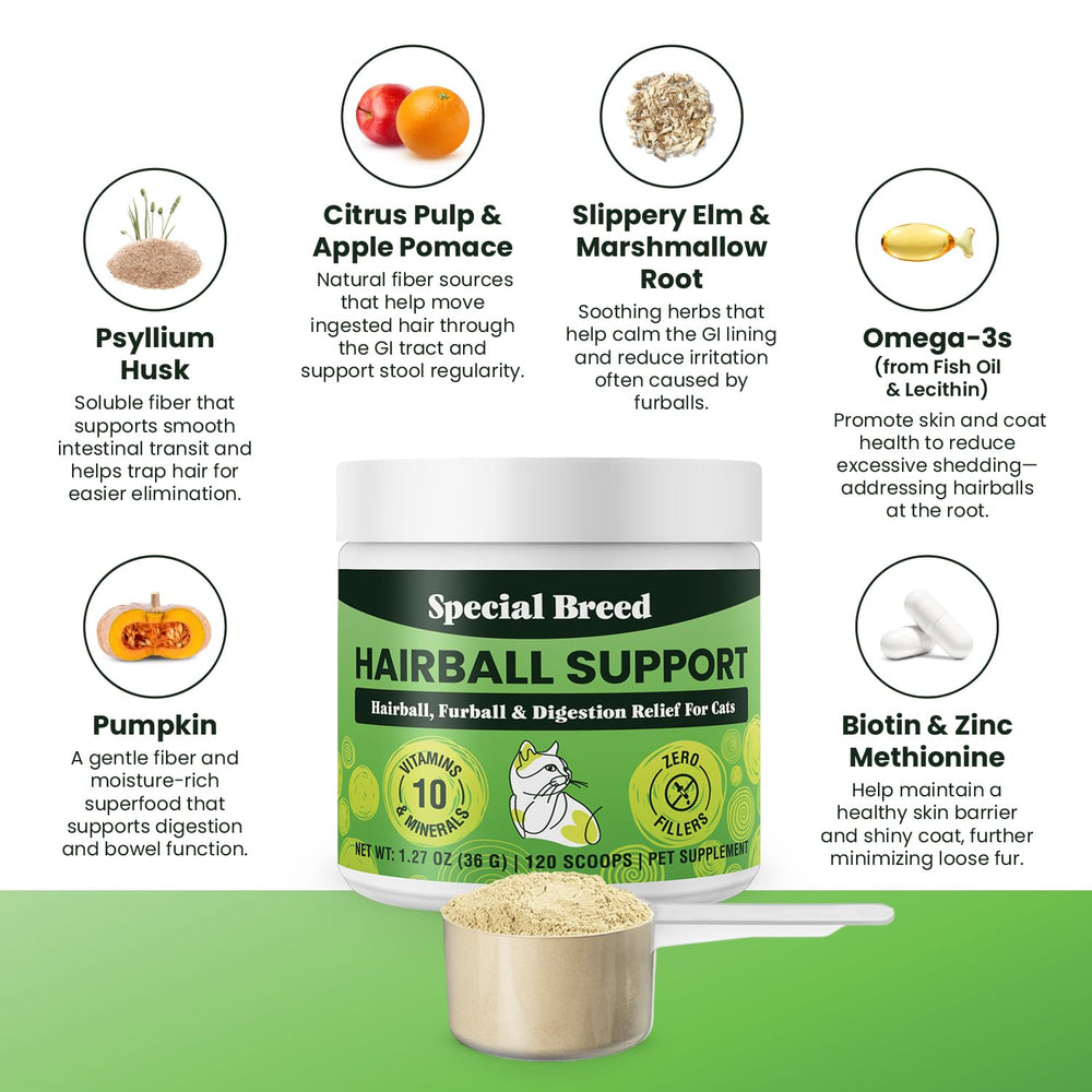 Special Breed ingredientes activos como psyllium y calabaza respaldan la salud intestinal